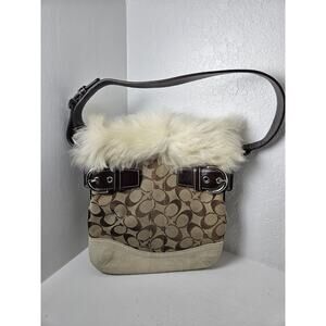 Coach Signature Brown Canvas Suede Fur Trim Zipper Bag Buckle Shoulder Purse
